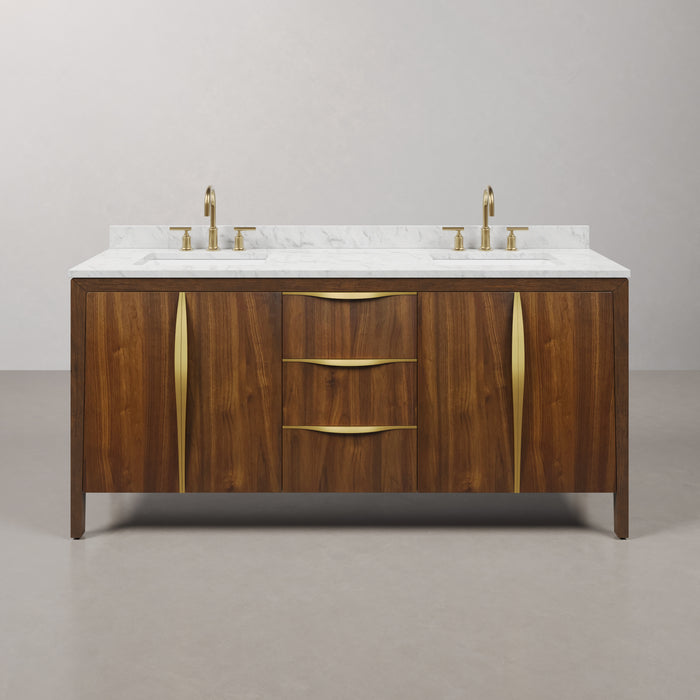 72 Inch Taylor Double Sink Vanity - Noir Juglans Wood with Carrara Marble & Satin Gold Faucet