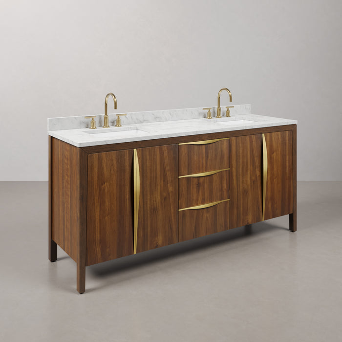 72 Inch Taylor Double Sink Vanity - Noir Juglans Wood with Carrara Marble & Satin Gold Faucet