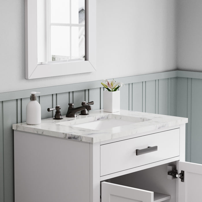 48" Fairmont White Marble Countertop Bath Vanity Single Sink Hardwood Cabinet with Soft-Close Storage