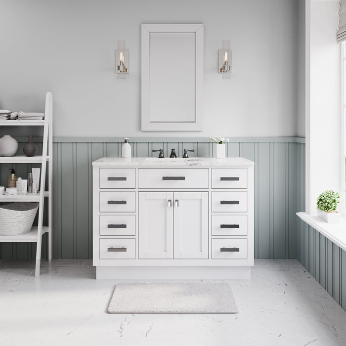48-Inch Fieldstone Solid Hardwood Bathroom Vanity - Carrara White Marble Top, Undermount Sink with Faucets & Mirror