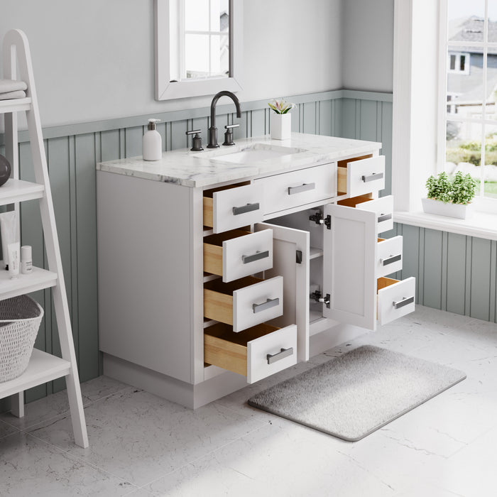 48 Inch Fjord Freestanding Bathroom Vanity - Single Sink Carrara White Marble with Pre-Drilled Faucet Holes & Mirror