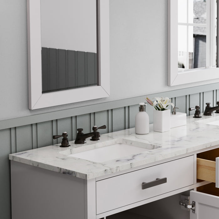 72 Inch Fondant Carrara Marble Pure White Double Vanity - Freestanding Bathroom Vanity with Pre-drilled Faucet Holes & Faucets