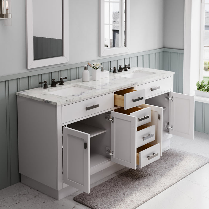 72 Inch Fondant Carrara Marble Pure White Double Vanity - Freestanding Bathroom Vanity with Pre-drilled Faucet Holes & Faucets