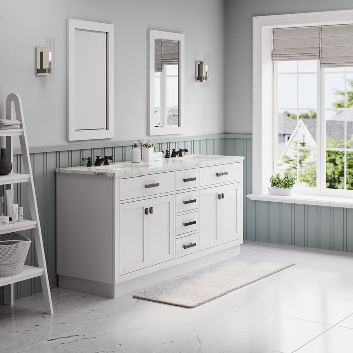 72 Inch Fondant Carrara Marble Pure White Double Vanity - Freestanding Bathroom Vanity with Pre-drilled Faucet Holes & Faucets