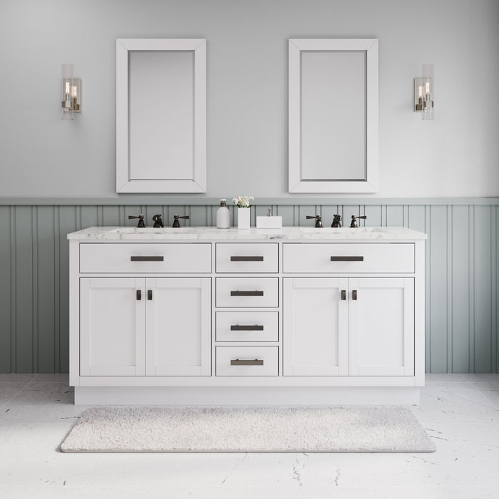 72" Carrara White Marble Glisten Double Sink Bathroom Vanity in Pure White with Rectangular Mirror and Soft Close Storage