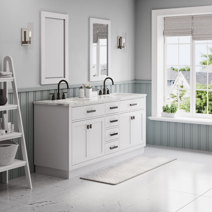 72 Inch Gilded Single Sink Carrara Marble Bathroom Vanity - Pure White with Mirror & Faucets