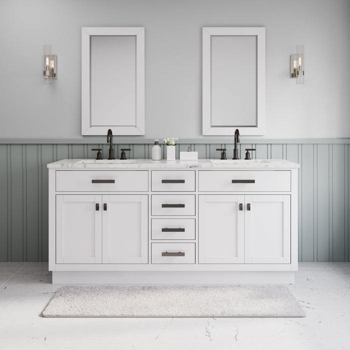 72 Inch Gilded Single Sink Carrara Marble Bathroom Vanity - Pure White with Mirror & Faucets