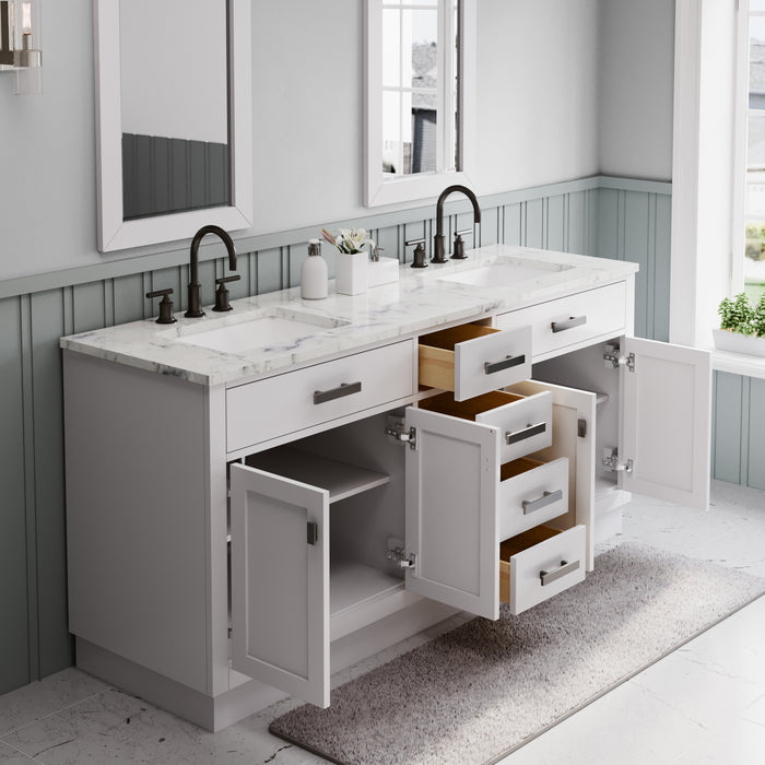 72 Inch Gilded Single Sink Carrara Marble Bathroom Vanity - Pure White with Mirror & Faucets