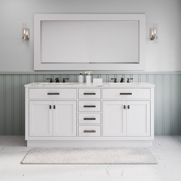 72 Inch Fount Double Sink Vanity Set - Carrara White Marble Countertop, Pure White Cabinet with Classic Faucet & Rectangular Mirror