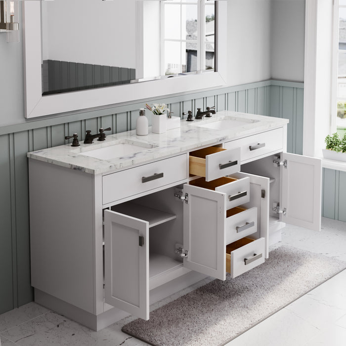 72 Inch Fount Double Sink Vanity Set - Carrara White Marble Countertop, Pure White Cabinet with Classic Faucet & Rectangular Mirror
