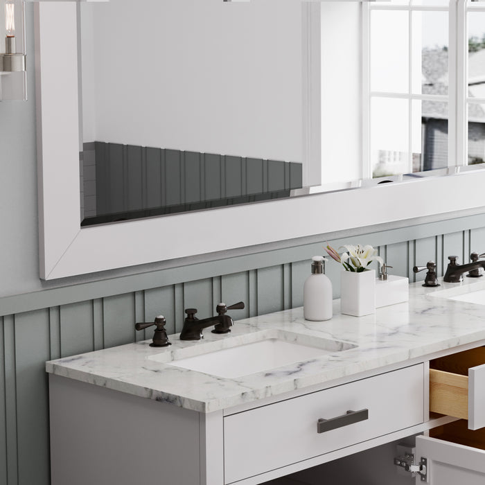 72 Inch Fount Double Sink Vanity Set - Carrara White Marble Countertop, Pure White Cabinet with Classic Faucet & Rectangular Mirror