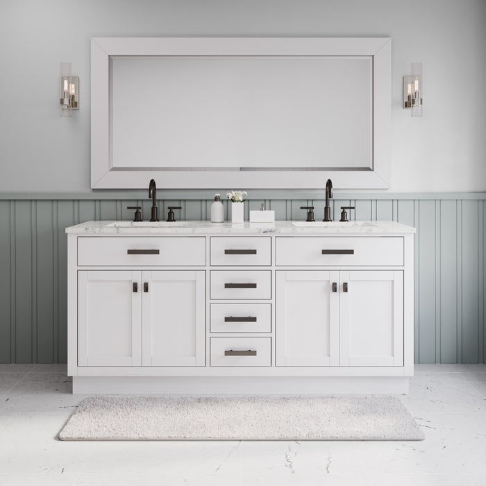 72 Inch Fresco Double Sink Pure White Marble Bathroom Vanity with Faucets and Mirror