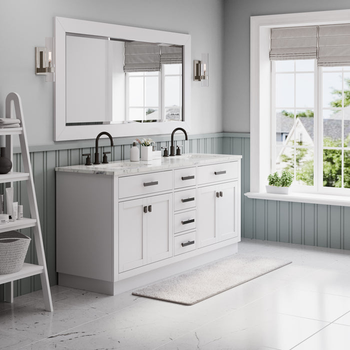 72 Inch Fresco Double Sink Pure White Marble Bathroom Vanity with Faucets and Mirror