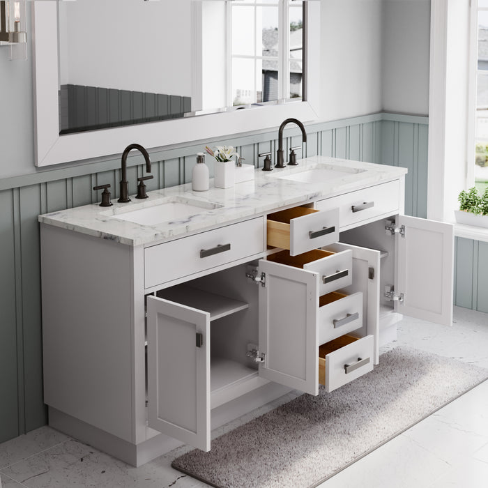 72 Inch Fresco Double Sink Pure White Marble Bathroom Vanity with Faucets and Mirror