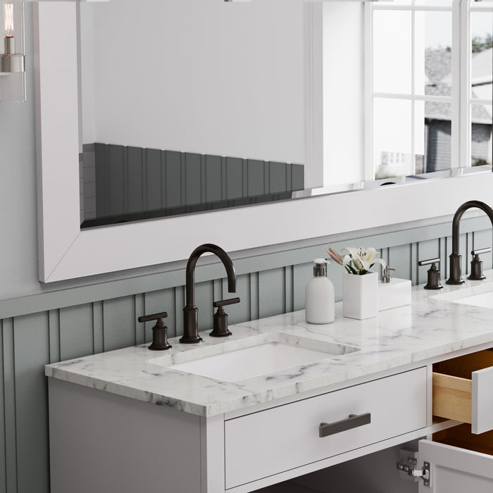72 Inch Fresco Double Sink Pure White Marble Bathroom Vanity with Faucets and Mirror
