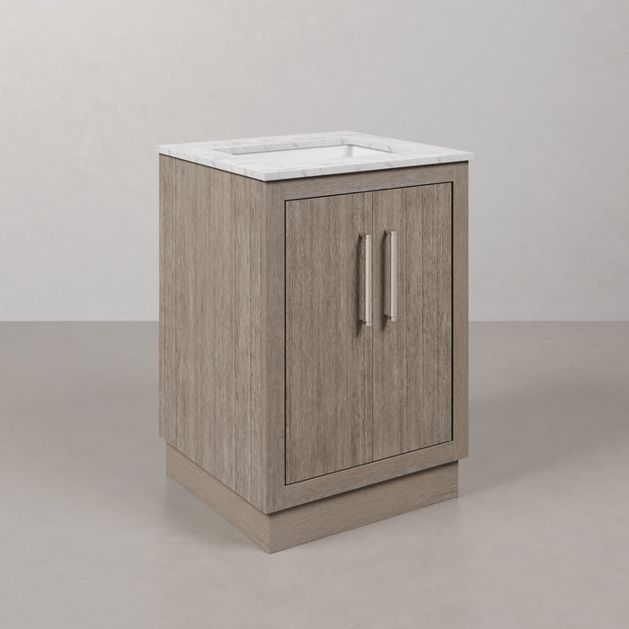 24" Greenwood Carrara White Marble Bathroom Vanity - Grey Oak Single Sink with Chrome Hardware & Mirror