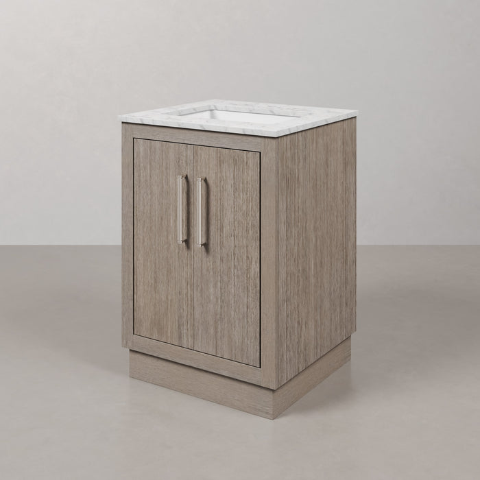 24" Greenwood Carrara White Marble Bathroom Vanity - Grey Oak Single Sink with Chrome Hardware & Mirror