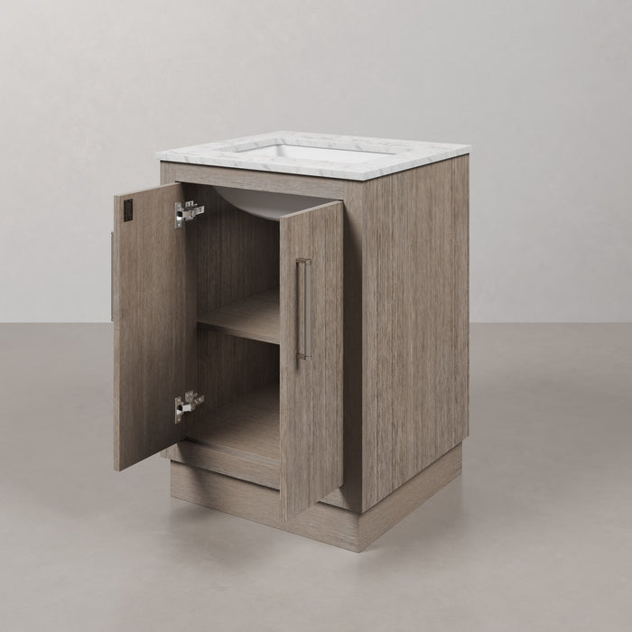 24" Greenwood Carrara White Marble Bathroom Vanity - Grey Oak Single Sink with Chrome Hardware & Mirror