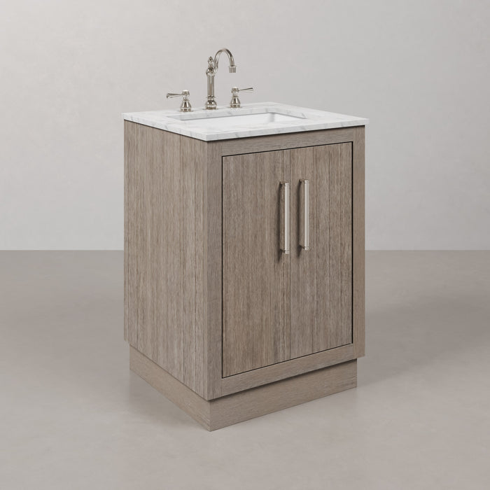 24" Harrow Grey Oak Single Sink Bathroom Vanity Carrara White Marble Countertop with Chrome Hardware Hook Faucet Rectangular Mirror