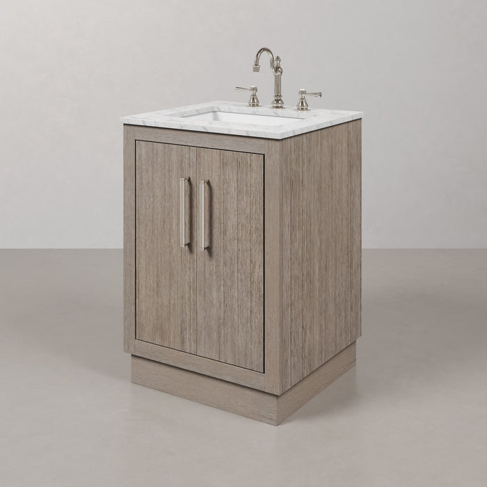 24" Harrow Grey Oak Single Sink Bathroom Vanity Carrara White Marble Countertop with Chrome Hardware Hook Faucet Rectangular Mirror