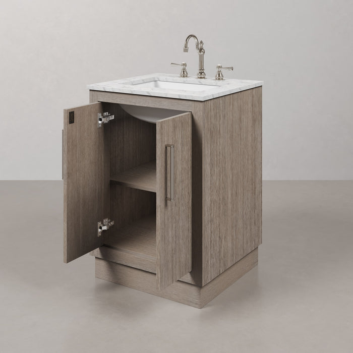 24" Harrow Grey Oak Single Sink Bathroom Vanity Carrara White Marble Countertop with Chrome Hardware Hook Faucet Rectangular Mirror