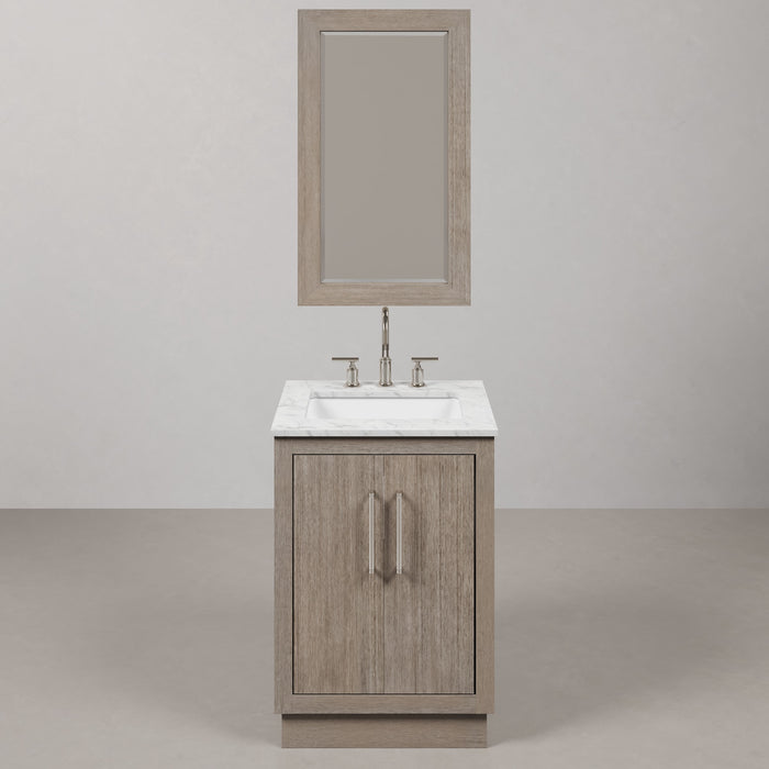 24" Greenwood Carrara White Marble Bathroom Vanity - Grey Oak Single Sink with Chrome Hardware & Mirror