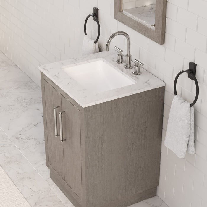 24" Greenwood Carrara White Marble Bathroom Vanity - Grey Oak Single Sink with Chrome Hardware & Mirror