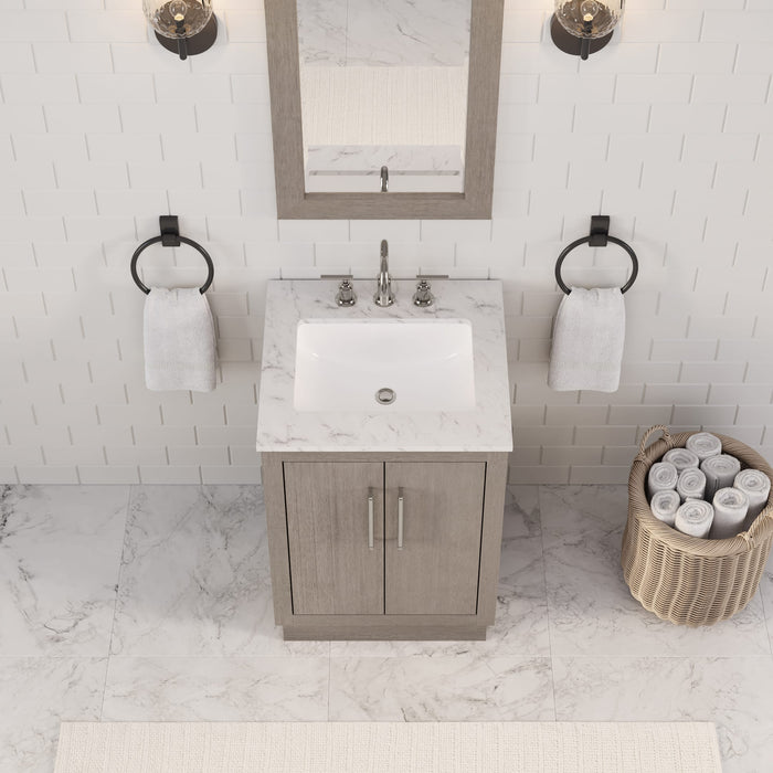 24" Greenwood Carrara White Marble Bathroom Vanity - Grey Oak Single Sink with Chrome Hardware & Mirror
