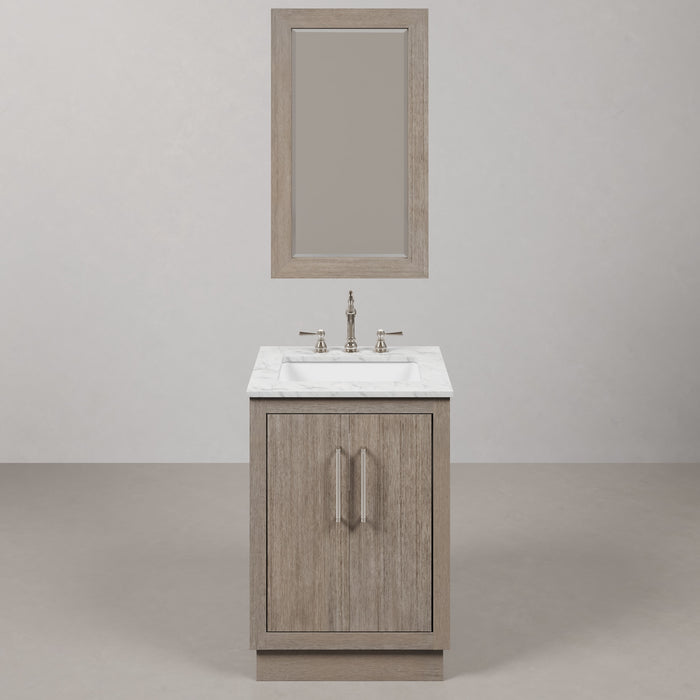 24" Harrow Grey Oak Single Sink Bathroom Vanity Carrara White Marble Countertop with Chrome Hardware Hook Faucet Rectangular Mirror
