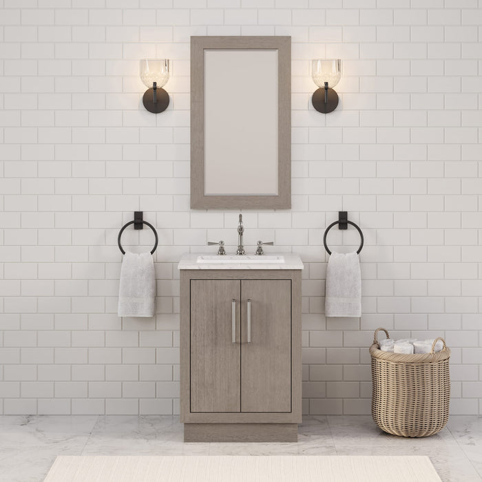 24" Harrow Grey Oak Single Sink Bathroom Vanity Carrara White Marble Countertop with Chrome Hardware Hook Faucet Rectangular Mirror