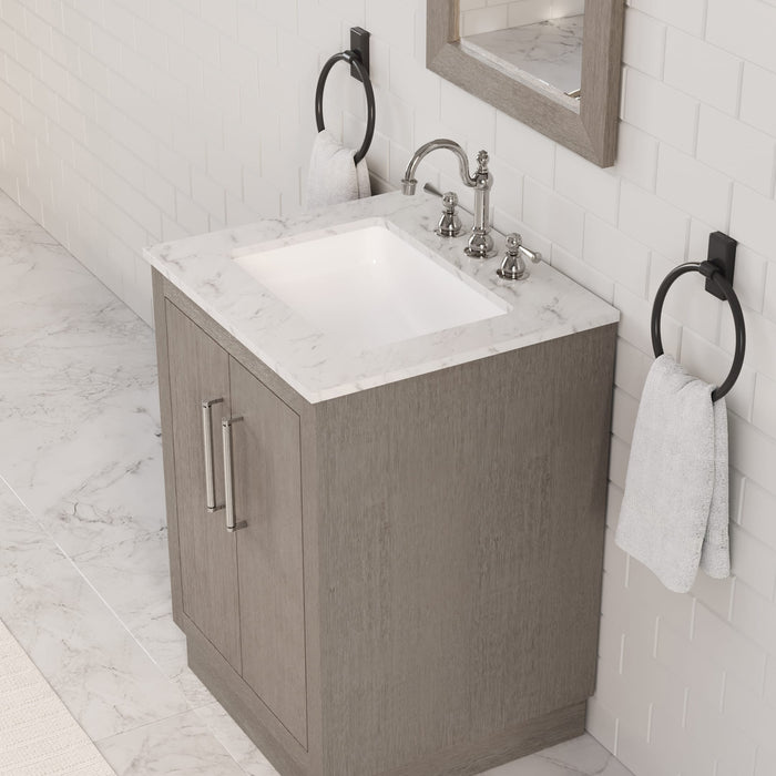 24" Harrow Grey Oak Single Sink Bathroom Vanity Carrara White Marble Countertop with Chrome Hardware Hook Faucet Rectangular Mirror
