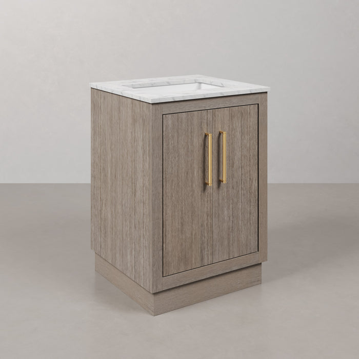 24 Inch Herlum Grey Oak Bathroom Vanity with Carrara Marble Top and Satin Gold Hardware
