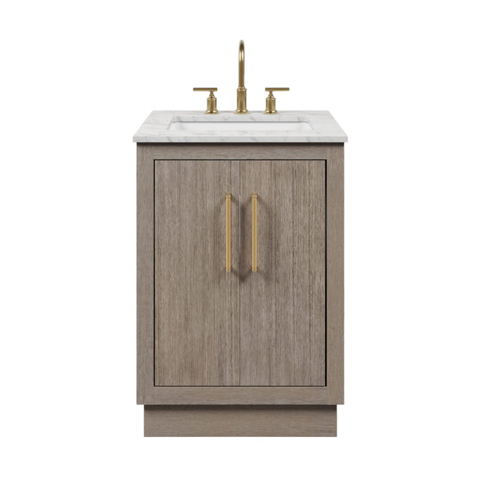 24 Inch Herlum Grey Oak Bathroom Vanity with Carrara Marble Top and Satin Gold Hardware