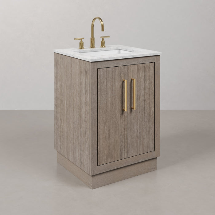 24" Mid-Century Modern Hinter Single Sink Bathroom Vanity - Grey Oak with White Marble Top & Brass Hardware & Rectangular Mirror