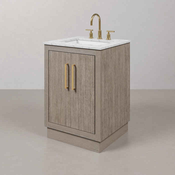 24 Inch Helios Grey Oak Single Sink Bathroom Vanity with Carrara White Marble Countertop and Satin Gold Faucets