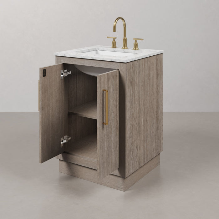 24 Inch Helios Grey Oak Single Sink Bathroom Vanity with Carrara White Marble Countertop and Satin Gold Faucets