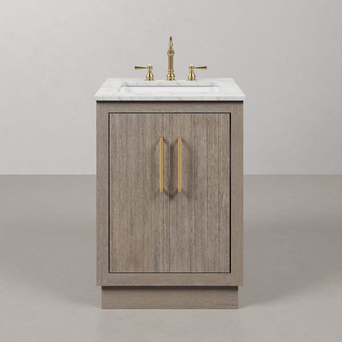 24 Inch Helios Grey Oak Single Sink Bathroom Vanity with Carrara White Marble Countertop and Satin Gold Faucets