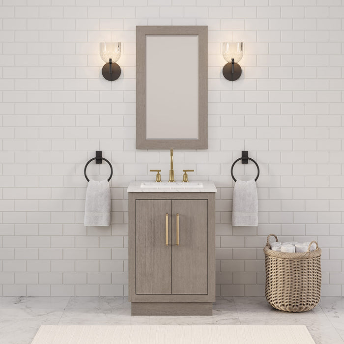 24 Inch Helios Grey Oak Single Sink Bathroom Vanity with Carrara White Marble Countertop and Satin Gold Faucets