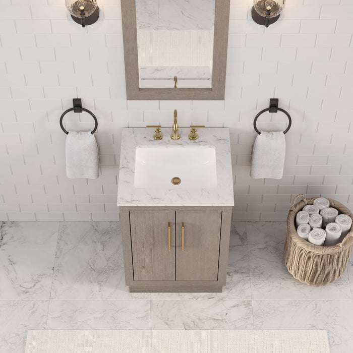 24 Inch Helios Grey Oak Single Sink Bathroom Vanity with Carrara White Marble Countertop and Satin Gold Faucets