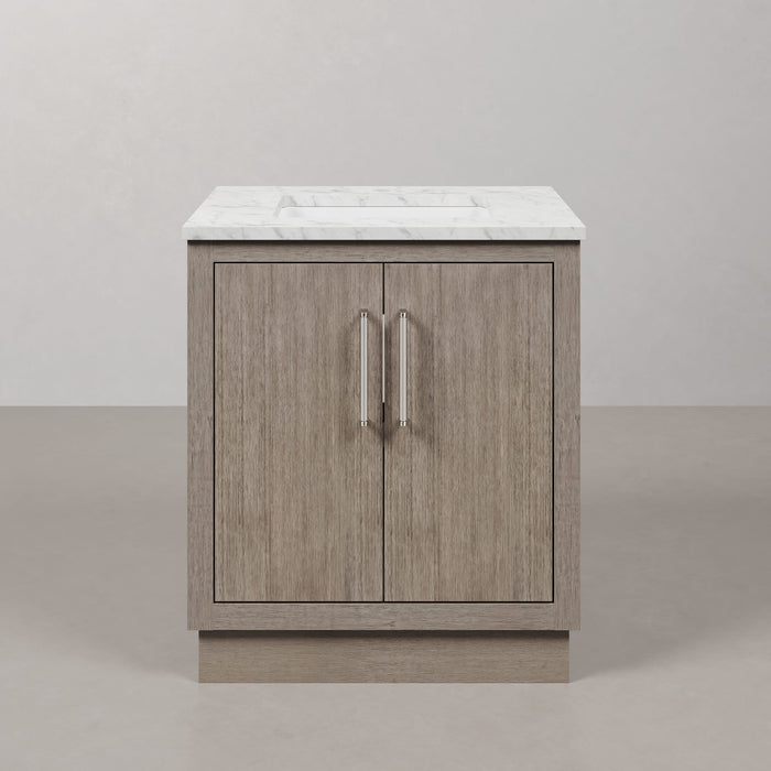 30 Inch Incanto Grey Oak Single Sink Vanity with Carrara White Marble and Chrome Faucet