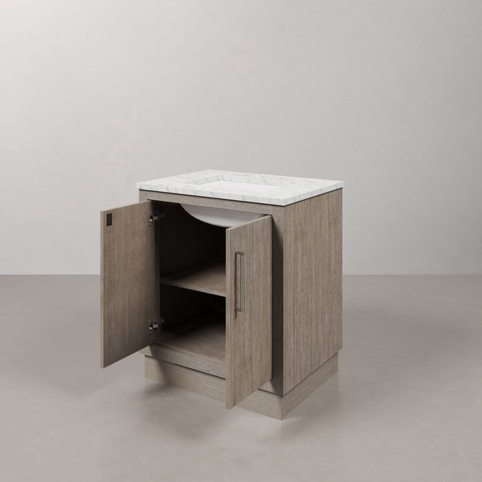 30 Inch Incanto Grey Oak Single Sink Vanity with Carrara White Marble and Chrome Faucet