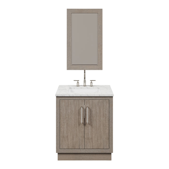 30 Inch Inglewood Single Sink Vanity Set - Grey Oak with Carrara Marble Top with Chrome Hardware & Mirror