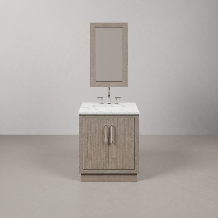 30 Inch Inglewood Single Sink Vanity Set - Grey Oak with Carrara Marble Top with Chrome Hardware & Mirror