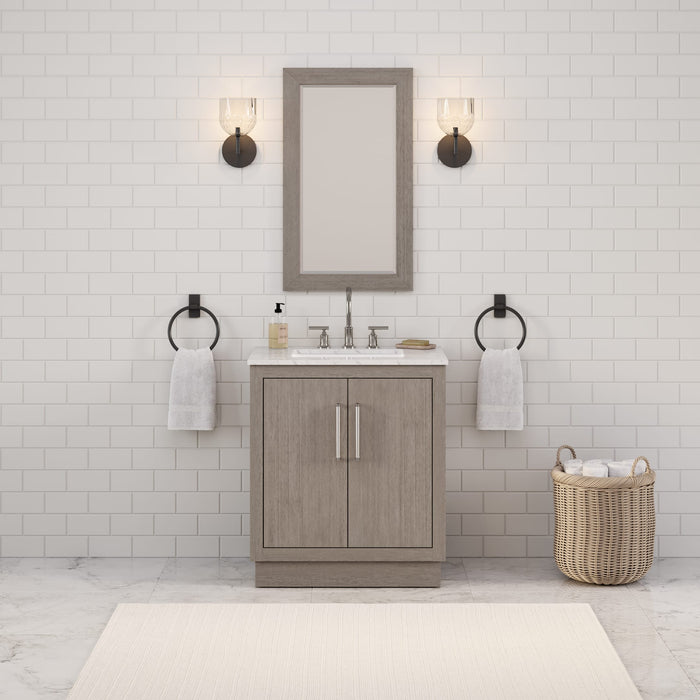 30 Inch Incanto Grey Oak Single Sink Vanity with Carrara White Marble and Chrome Faucet
