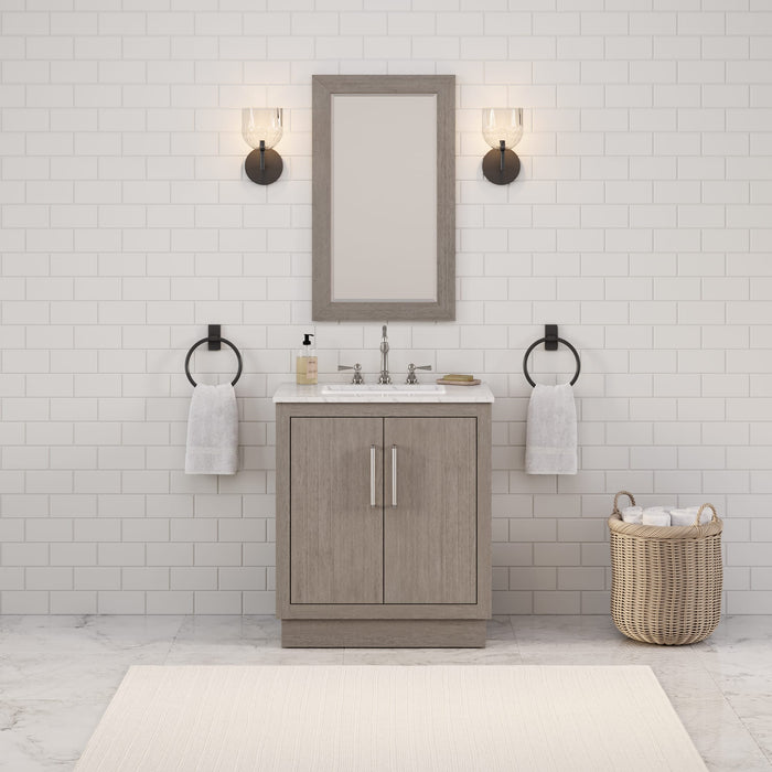 30 Inch Carrara White Marble Bathroom Vanity Inecnos Grey Oak Single Sink with Chrome Hardware