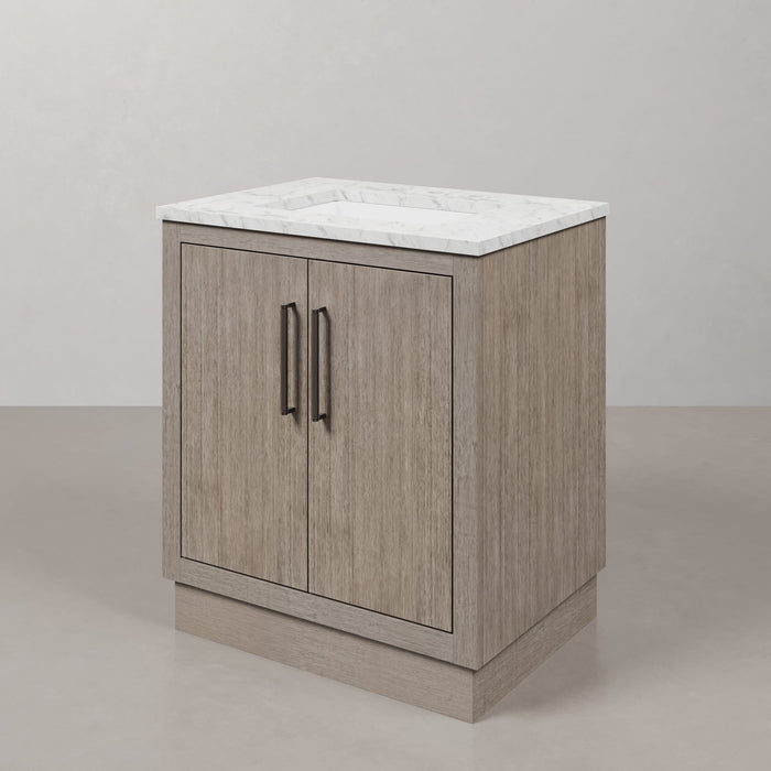 30 Inch Kalliope Single Sink Vanity in Grey Oak with Carrara White Marble Countertop & Mirror