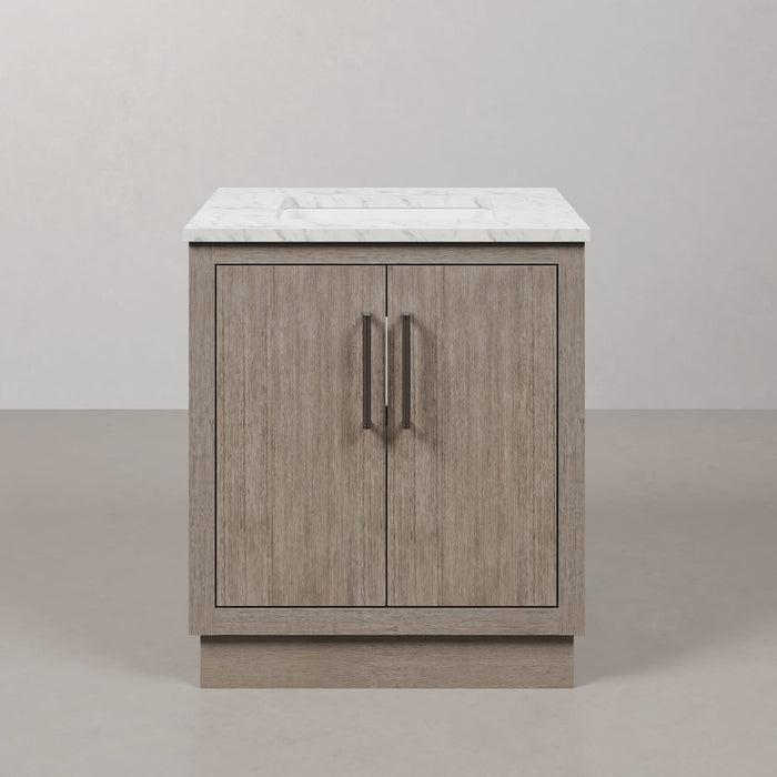30" Grey Oak Jubilee Bathroom Vanity Cabinet - Single Sink Carrara White Marble Countertop
