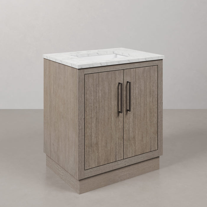 30 Inch Kalliope Single Sink Vanity in Grey Oak with Carrara White Marble Countertop & Mirror