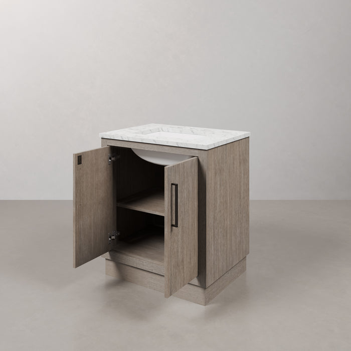 30 Inch Kalliope Single Sink Vanity in Grey Oak with Carrara White Marble Countertop & Mirror