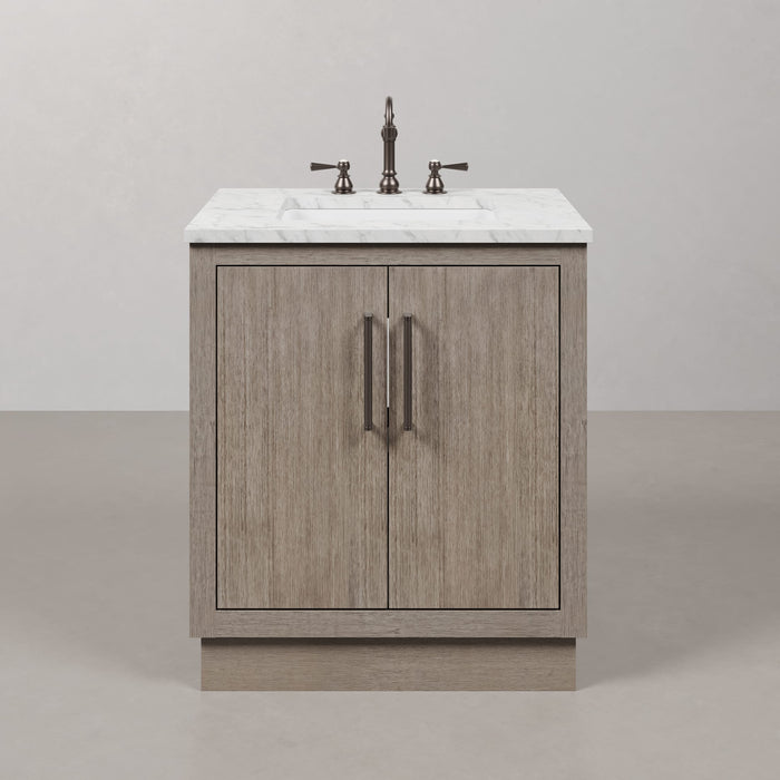 30" Grey Oak Juno Single Sink Bathroom Vanity with Carrara White Marble Countertop & Faucets